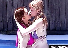 Huge boobed unshaved woman licked on the table