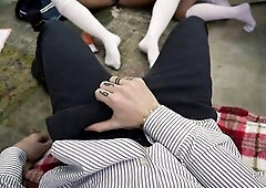 Sharon White, Luly Love and Mona Blue are taking turns sucking and riding a chubby knob