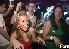Two wild party girls in lingerie tease the crowd at a neon-lit nightclub
