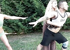 A pleased pair came to a yoga session, but they were tempted by a concupiscent taskmaster to screw!