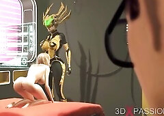 Sexy t-girl sex cyborg screws hard a college gal in a cyberpunk apartment