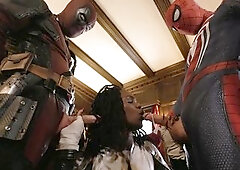 Ebony Cosplayer Fucked By Two Superheroes