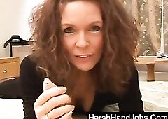 Older brunette hair Ophelia gives a harsh tugjob for looking at her cleavage