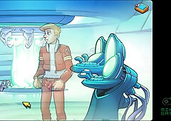 Curvy blonde doctor navigates a surreal cartoon spaceship hospital