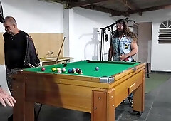 three busy players toying pool for a reward of their donk
