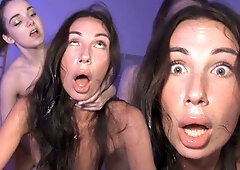 Horny teen sluts trying pegging threesome for first time