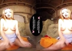 Solo girl, Daphne Klyde is using a black dildo, in VR