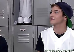 Hung athletic twink spitroasted in lockerroom