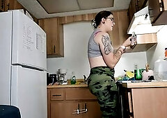 U came home for a lunch break and see your girlfriend get willing for her lunch. Appears to be that babe's just gotten done working out and is pr