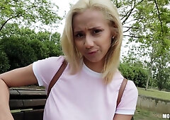 Blonde teen beauty gets screwed outdoors for money
