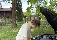 Blonde girlfriend rides and swallows Charlie Dean during a forest joyride