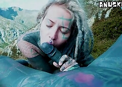 Tattooed couple gets down outdoors with POV anal and public blowjob