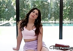 Stunning brunette newbie bounces on cock at casting