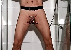 Caged anal play, anal butt plug slave, wet jeans sex