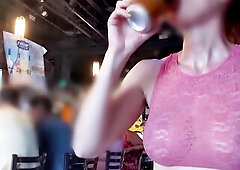 Sheer top in public (street, store, bar)