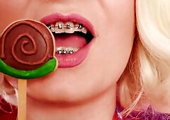 ASMR mukbang latex eating movie scene - in braces