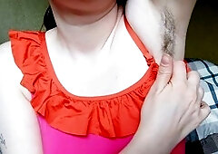 Hairy mom Alicedusty in a snug swimsuit gets cozy and rubs herself