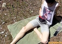 Outdoor onanism with anal beads for a cute chinese lad