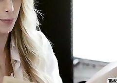 Gorgeous Tattooed shemale Casey Kisses bangs in the office