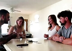 Wanna play disrobe poker? Our allies lose, and we end up swapping partners!