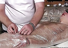 Tied up twink gets hot kinky handjob