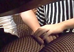 Japanese ladyboy gets handjob, cums hard in restaurant