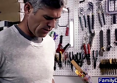 Stepdad catches twink playing with tools and fucks him