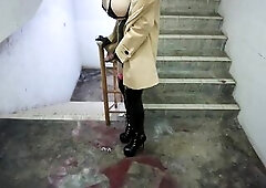 sissy enamel darksome nurse trench coat masturbate staircase sex-toy