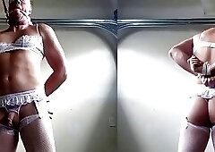 Sissy Tied up in White Lacy Lingerie and crotchless panties