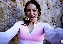 An innocent slender teen Aubree Valentine fucks in the forest