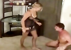 This pliant serf gets subjected to the almost all brutal ball busting torture from this hot blond mastix in underware.