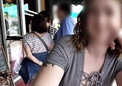 Busty beauty flashing cunt in public for money