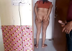 Indian neighbor catches her on the toilet and takes her standing in the bathroom