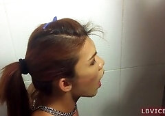 Pissed on t-girl Mint gives a hot blowjob