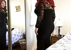 Deanna CD doll in lengthy ebony suit, enjoying her curves.