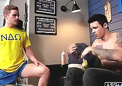 Prank results in ass spank and cock sucking for frat guy!