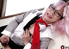 Horny Japanese transvestite Nene Amatuki plays with a dildo in her anal hole.
