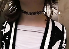 Naughty amateur teen deepthroats a dildo in a public toilet