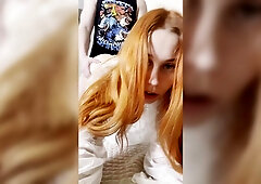 Fiery redhead GF sucks bros cock then rides him raw in kitchen quickie