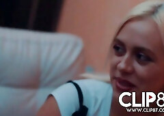 Two hot blondes and a horny guy are about to have a threesome, in his bedroom