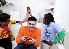 Nerd Plays COD Whilst HIs Stepmom Plays With His Ebony Ally's Large EBONY RAMRODS!