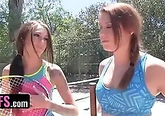 Best friends - horny tennis coach elevates his students' mini skirts and screws their humid cunts on the field