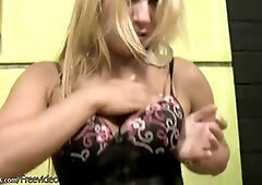 Thick sausage stroked by Latina transgender princess in black thigh-high stockings