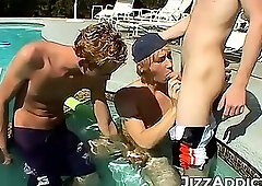 Wild three way fuckfest ends in a messy cumshot with handsome Hoyt Jaeger in the pool