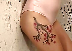 Hot TS Luna Rose blowjobs thru gloryhole then gets ass boned