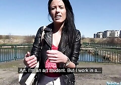 Public Agent Peachy booty constricted twat art student swallows thick cumload