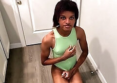 Flexible emo yoga tgirl Awquitesy enjoys her giant clit in this preview