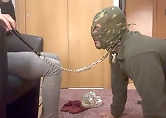 While my submissive cleans my shoe, I punch him in the face