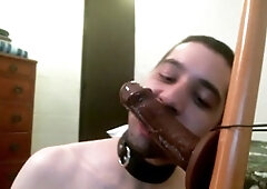 Deep-throating and getting nailed by a dark dildo