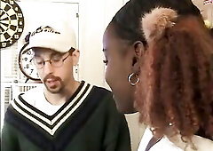 Chocolate sweetheart gets hardcore threesome with 2 white schlongs